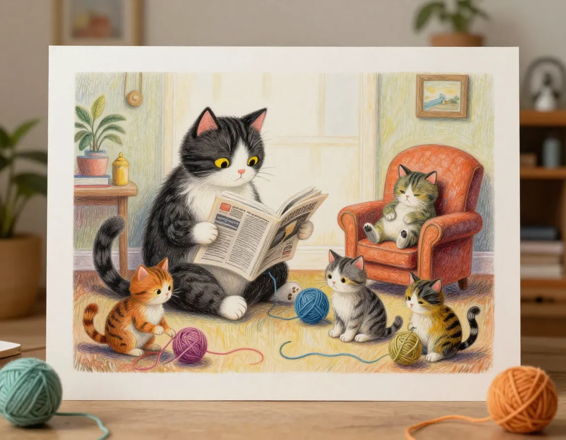 Whimsical gouache cat family scene reading and playing with yarn