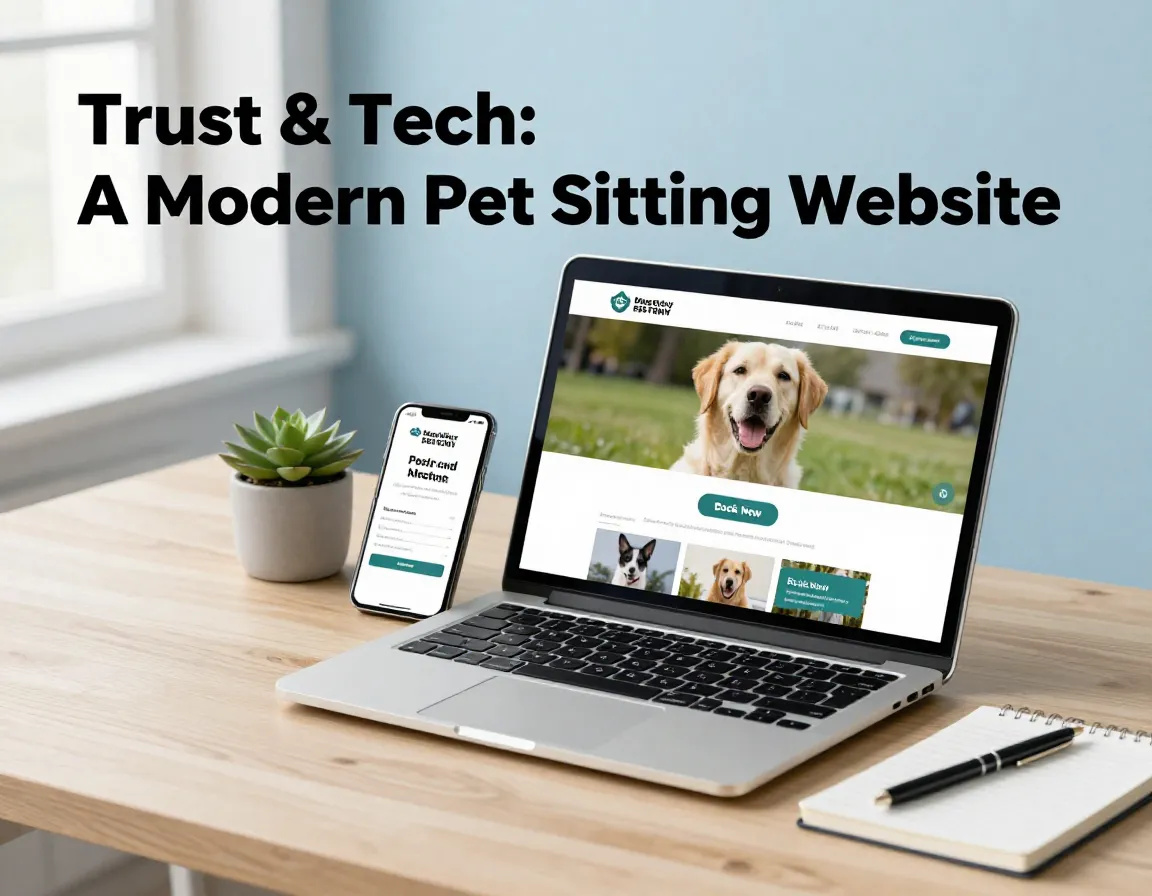 Modern desk with laptop and phone showing professional pet sitting website interface