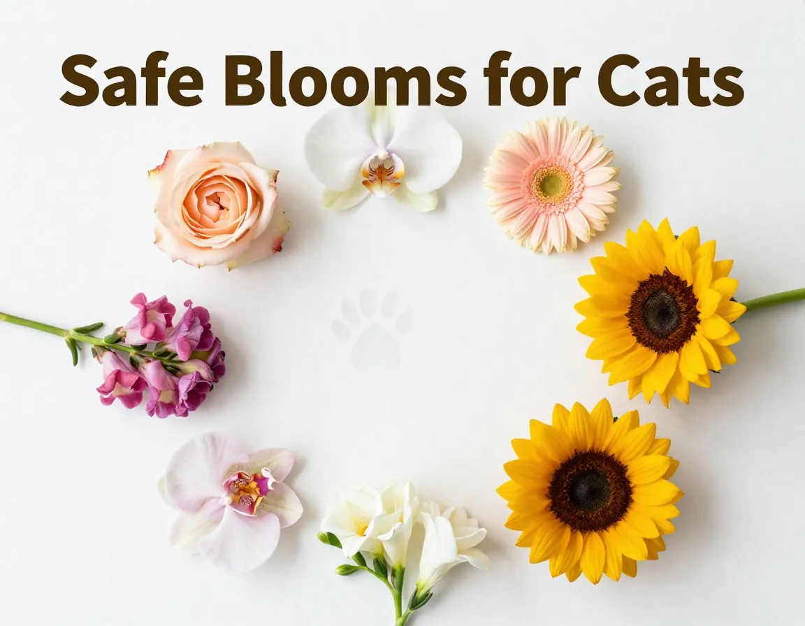 Seven non toxic flowers circle cat paw print flat lay