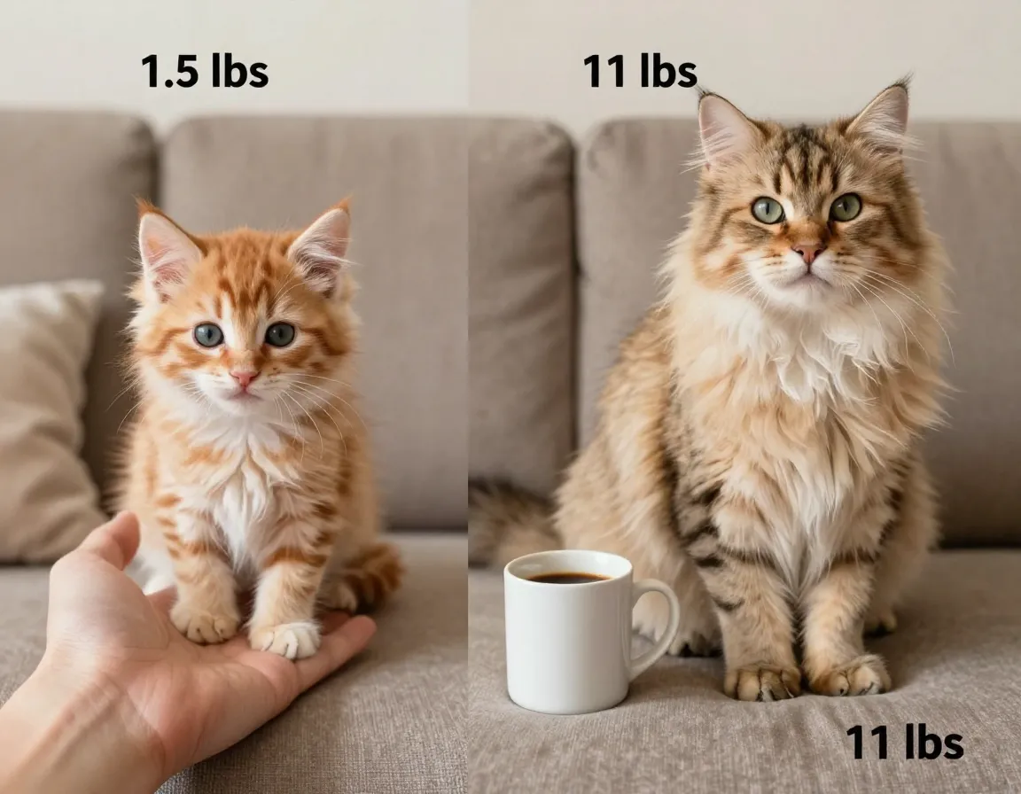 A siberian kitten growth transformation from tiny to giant adult