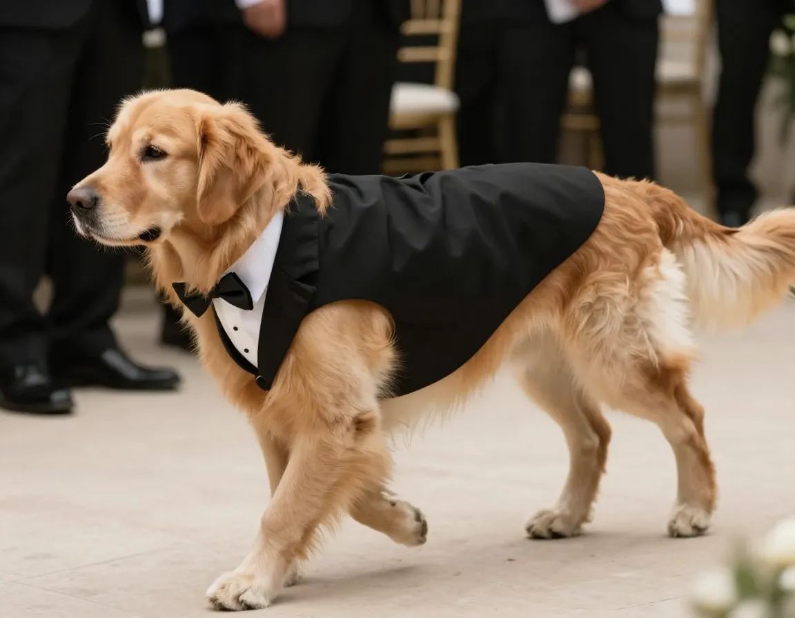 Classic black tuxedo with bow tie golden retriever wedding aisle