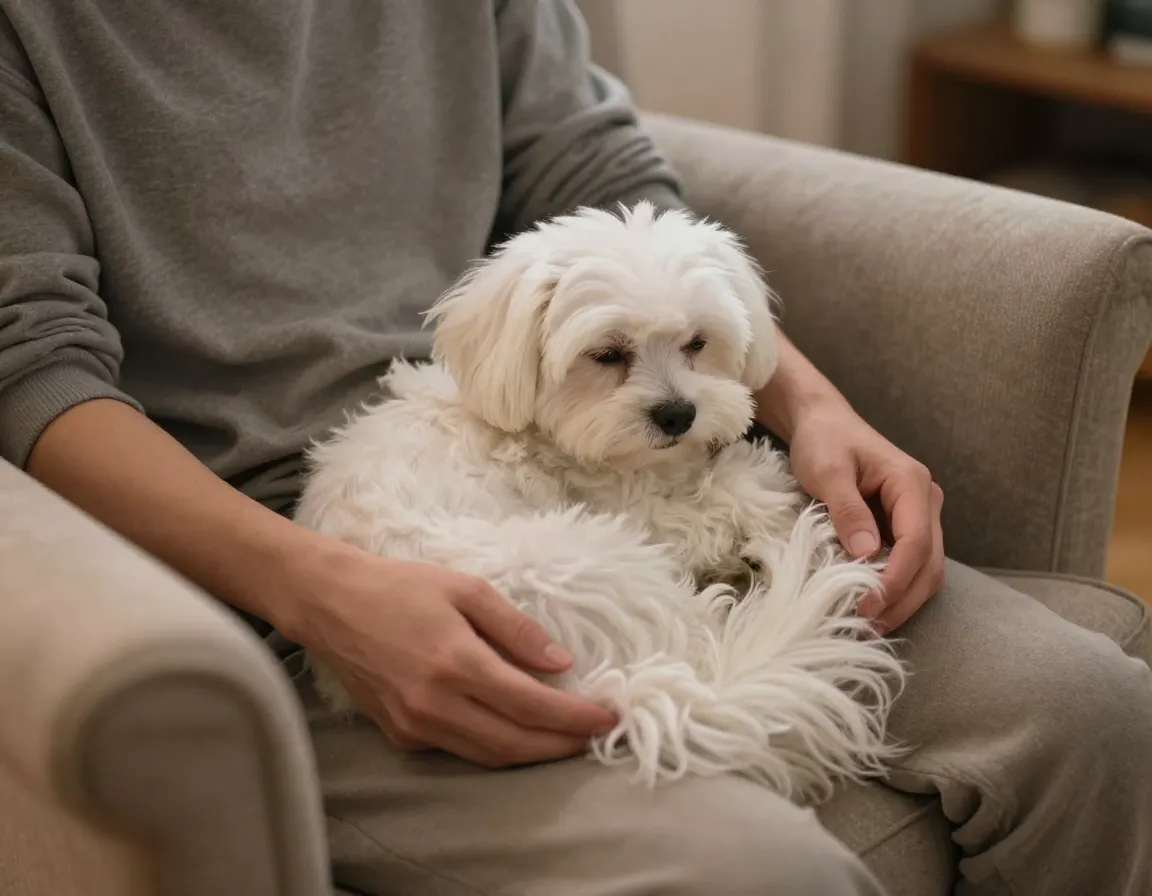 Small white maltese curled in lap on plush armchair