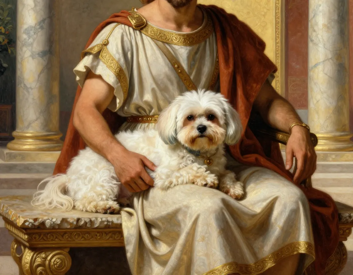 Ancient mediterranean noble with maltese on lap