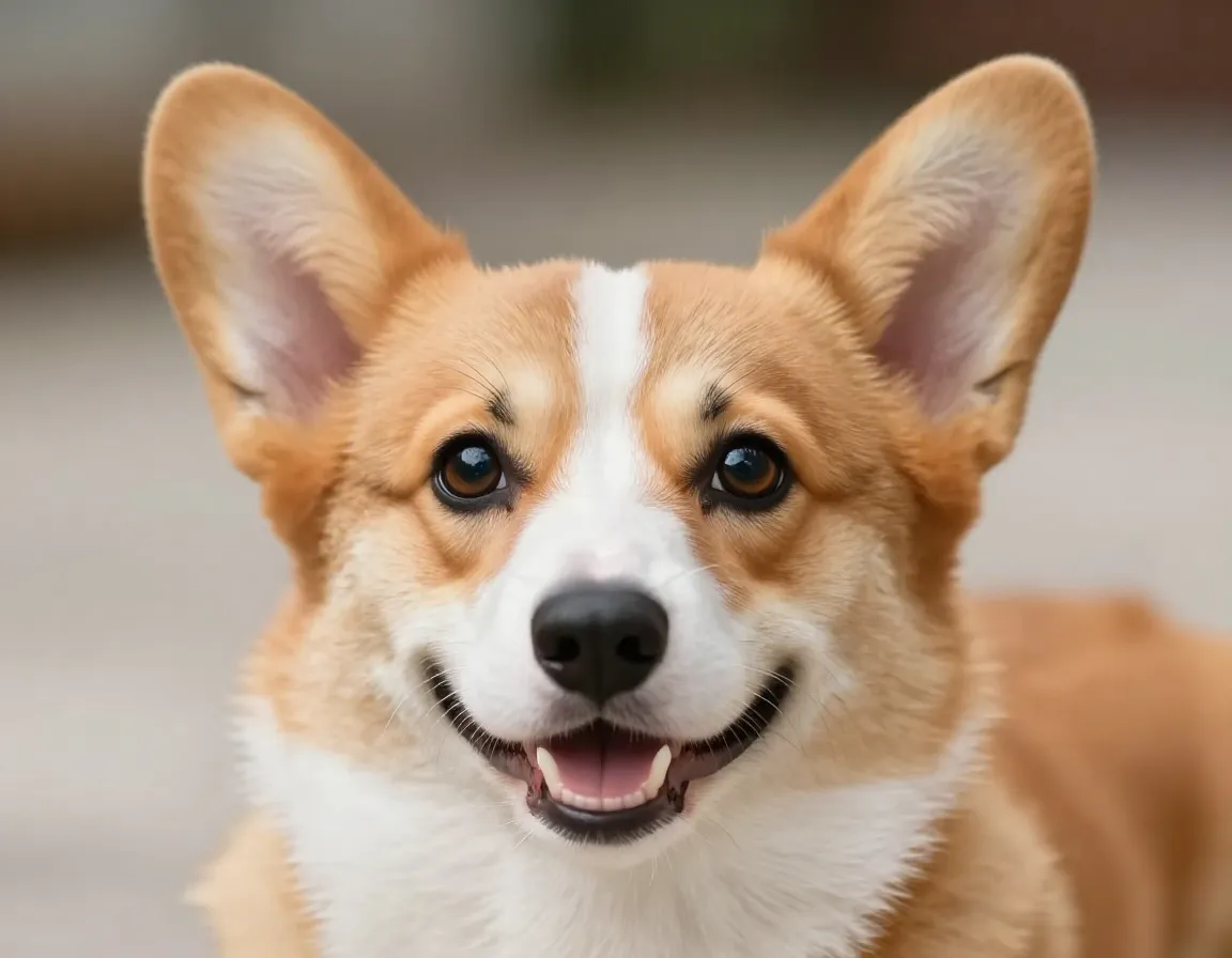 Expressive corgi puppy face with alert ears and smiling mouth