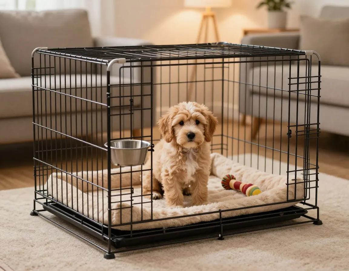 Appropriately sized crate with bedding for strategic puppy training