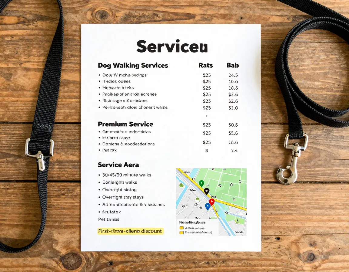 Detailed service descriptions pricing chart for dog walking sitting