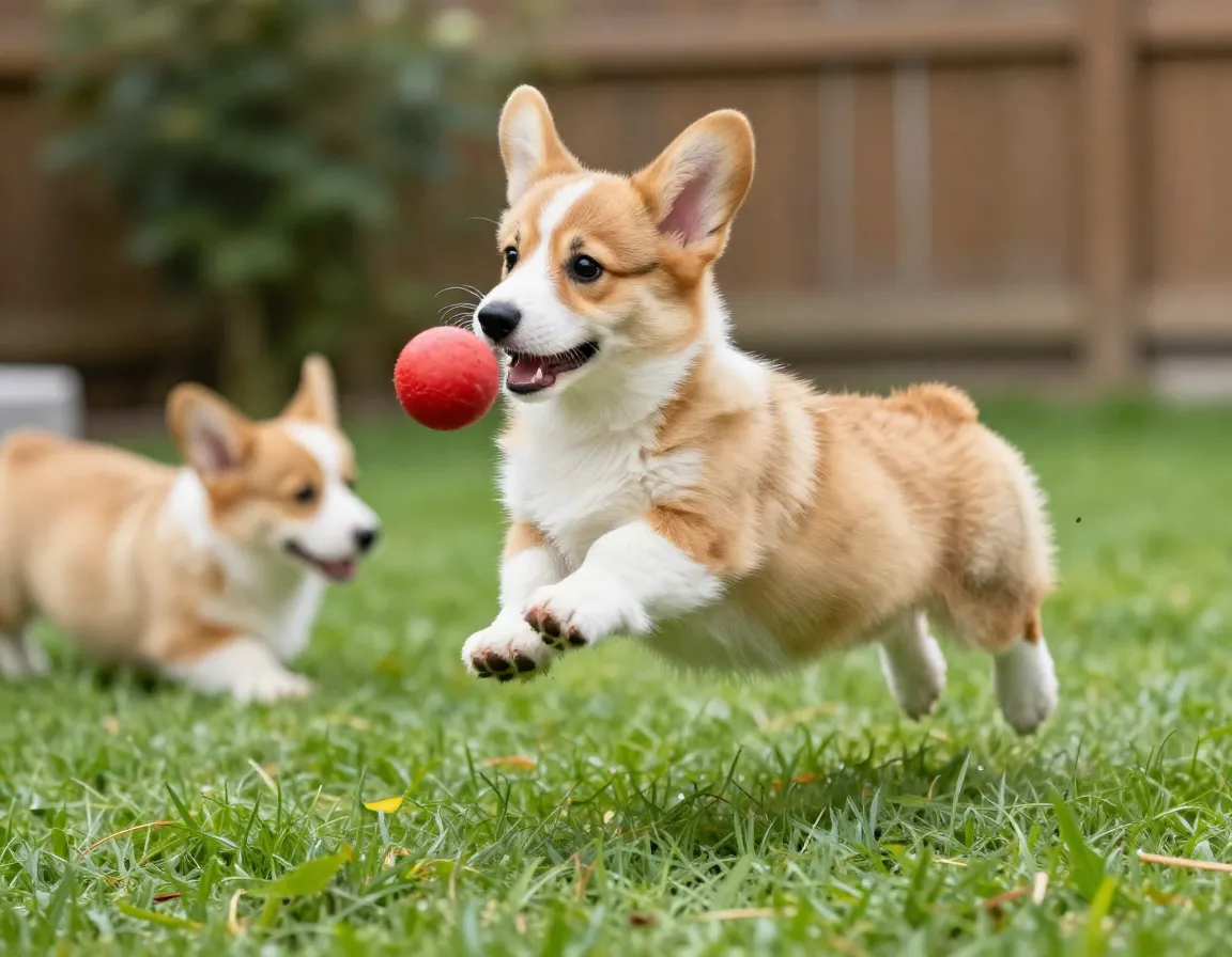 Energetic corgi puppy bouncing during play in a backyard