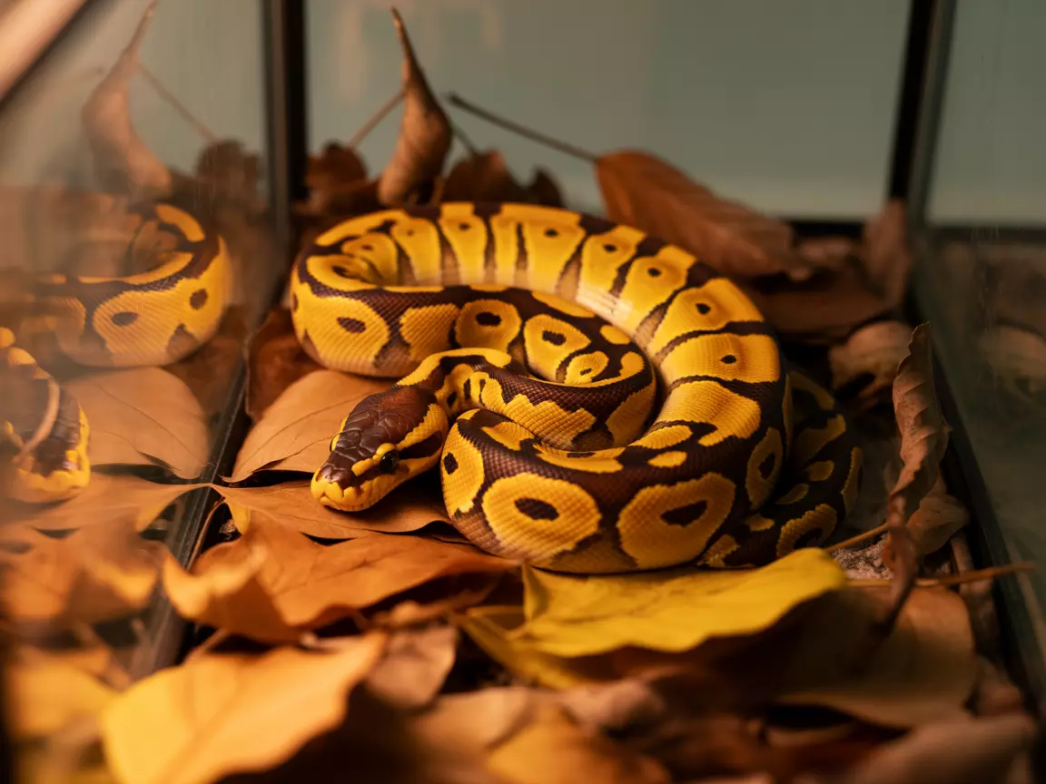 Sunset ball python orange yellow coloration autumn leaves