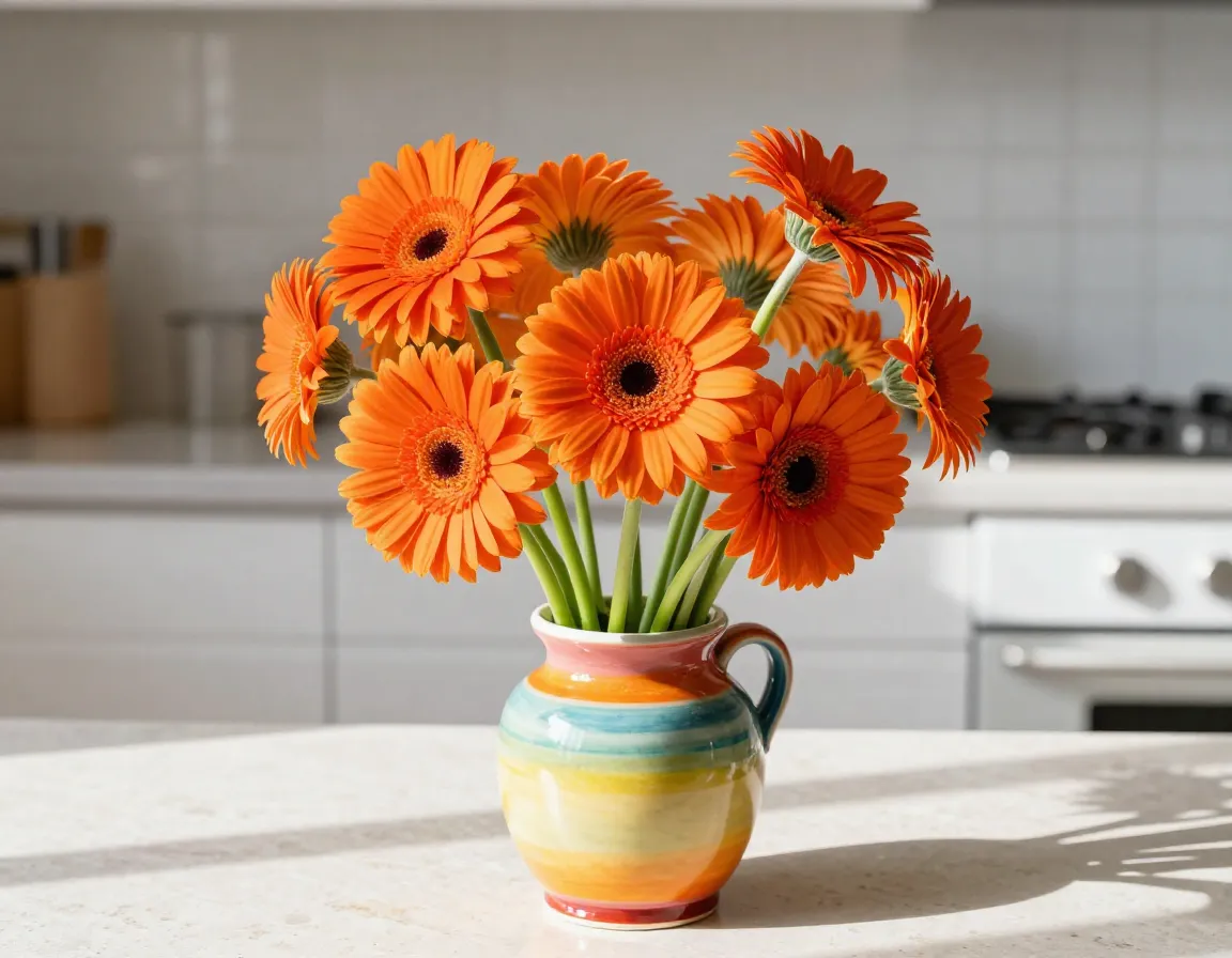Vibrant flatlay orange gerbera daisies colorful ceramic vase