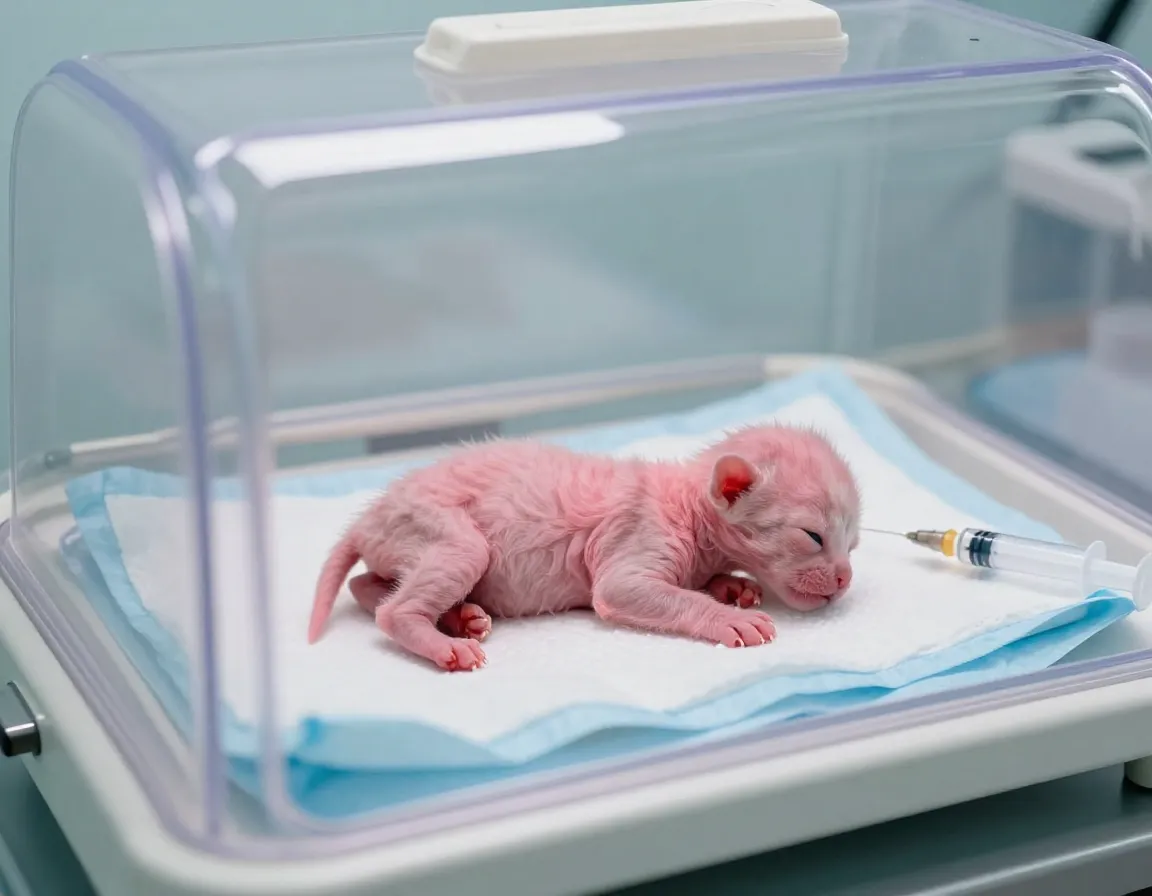 A premature newborn kitten receiving care in an incubator