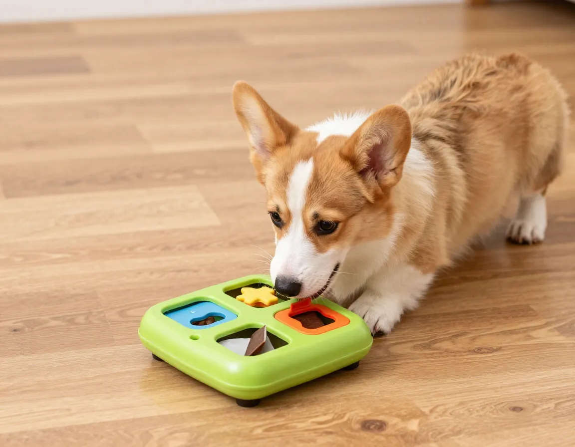 Intelligent corgi puppy solving a puzzle toy on a hardwood floor