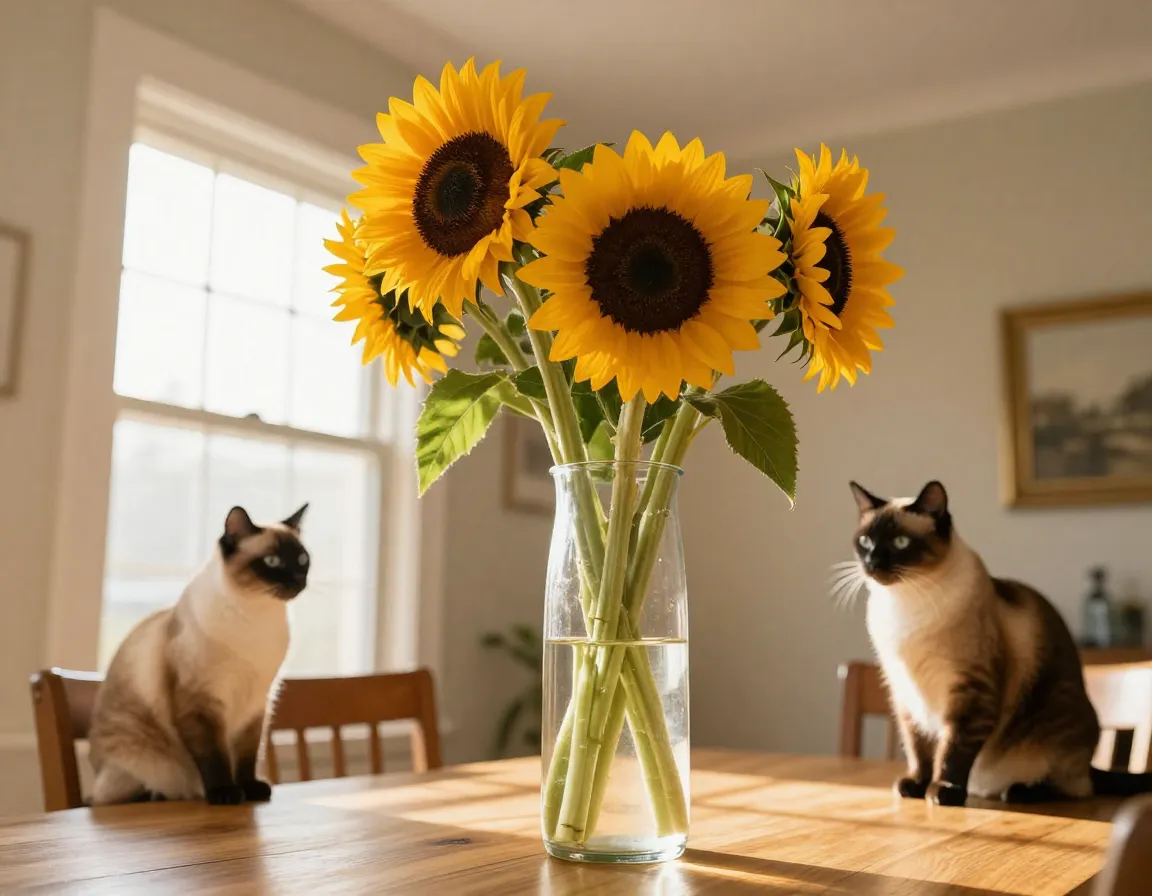 Low angle tall sunflowers dining table centerpiece siamese cat