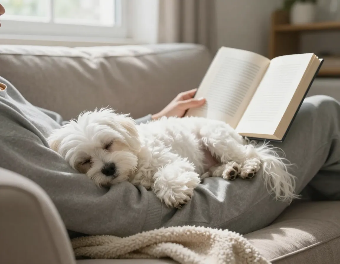 Sleeping maltese on lap during quiet reading time