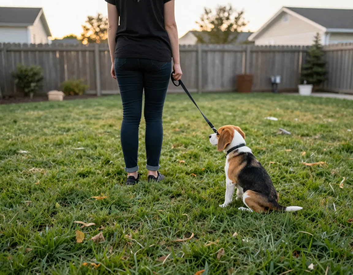 Using leash in designated yard spot for puppy potty focus
