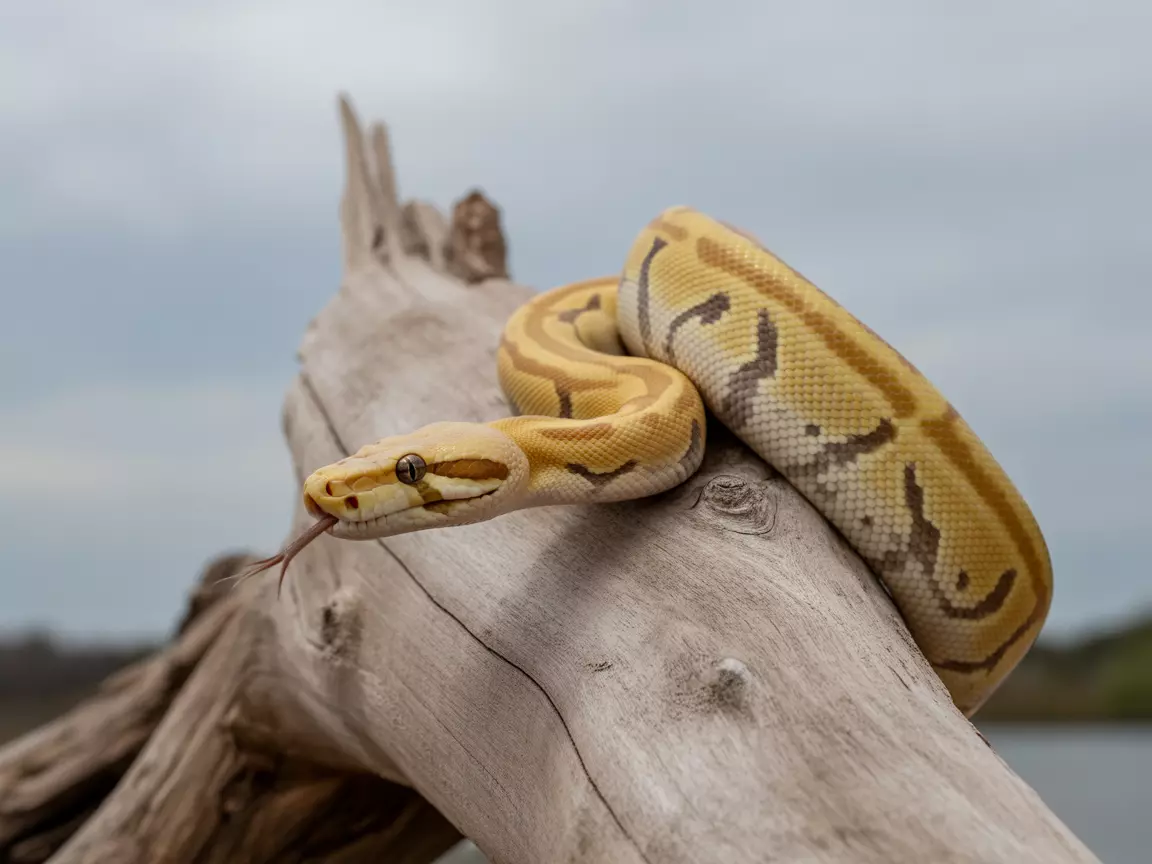 Champagne ball python golden tan color driftwood perch