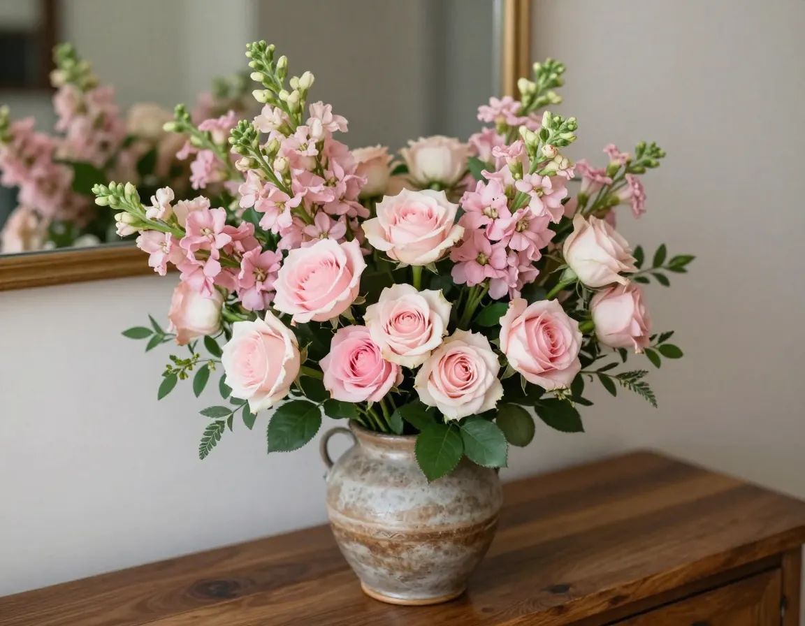 Closeup handtied pastel snapdragons pink roses rustic vase