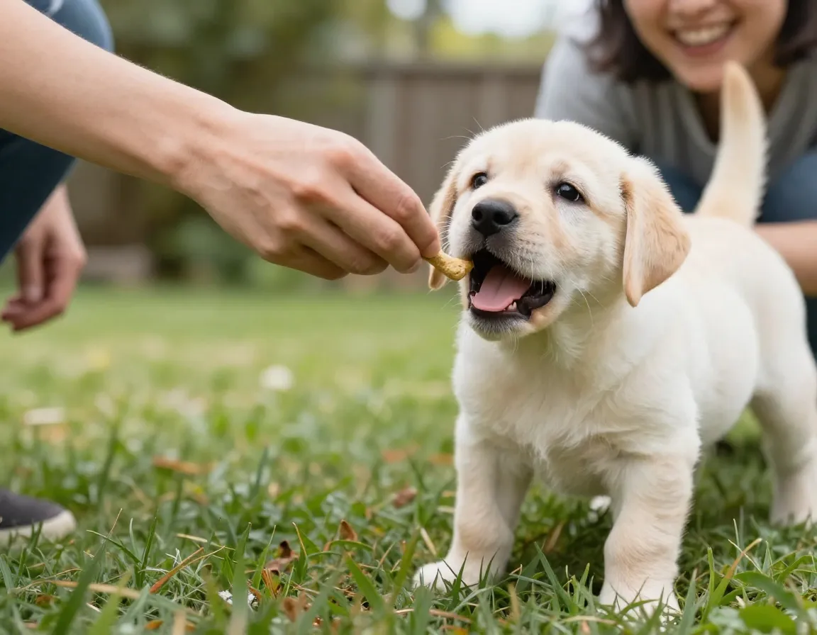 Immediate praise and treat reward after puppy successful elimination