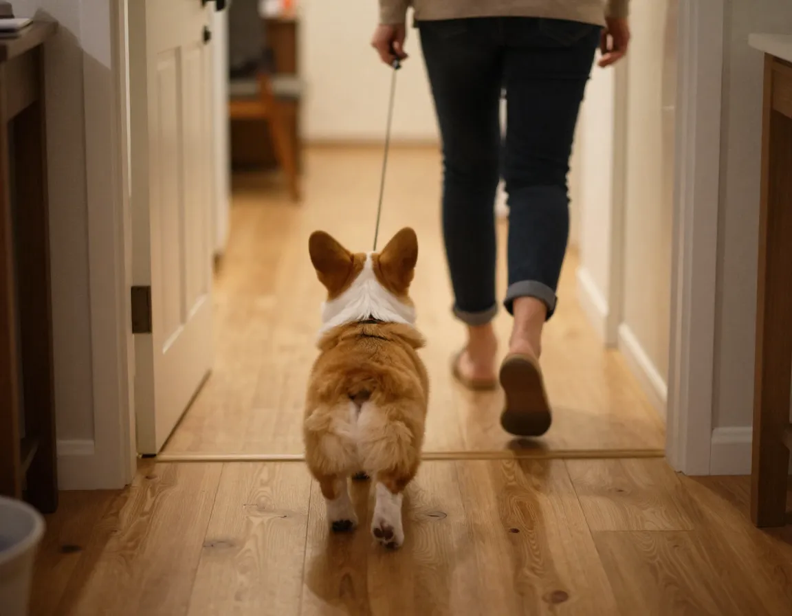 Loyal corgi puppy following a family member through a home doorway