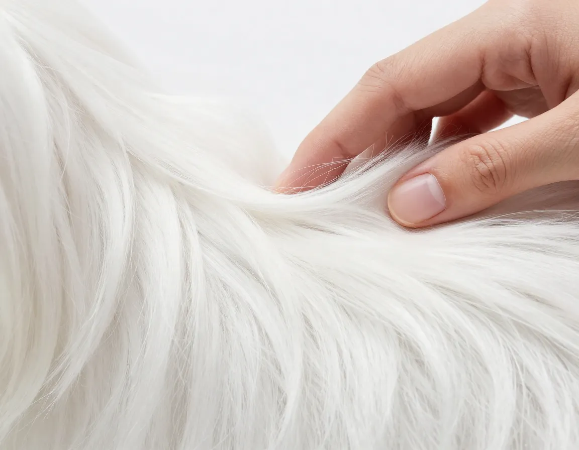 Macro hand stroking silky white maltese fur