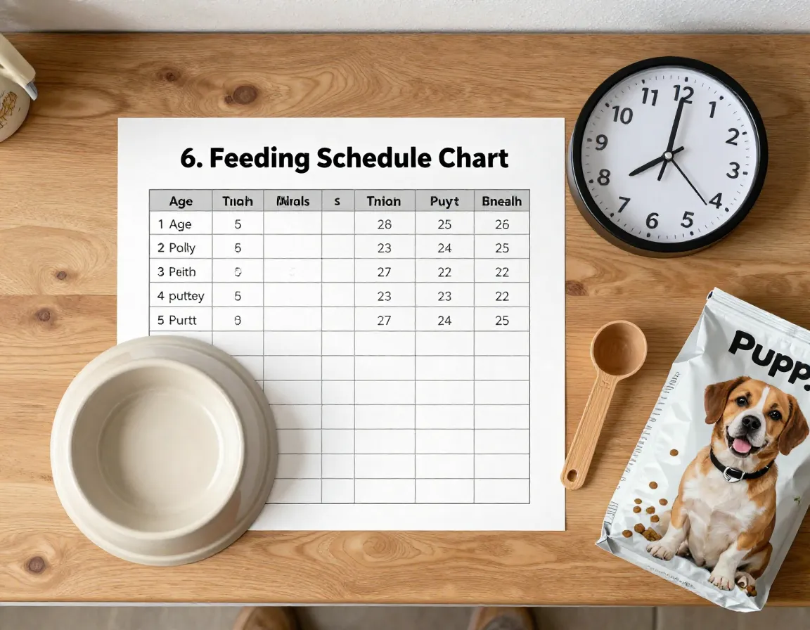 Feeding schedule chart with puppy bowl and clock for predictability
