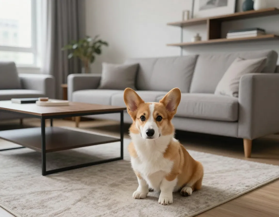 Medium sized corgi puppy sitting comfortably in an apartment living room