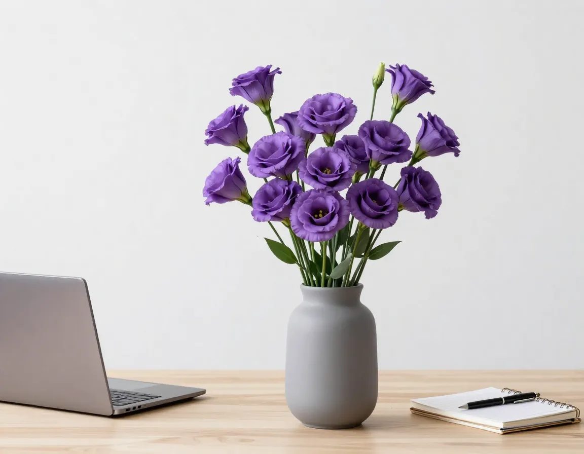 Clean desk purple lisianthus modern vase home office