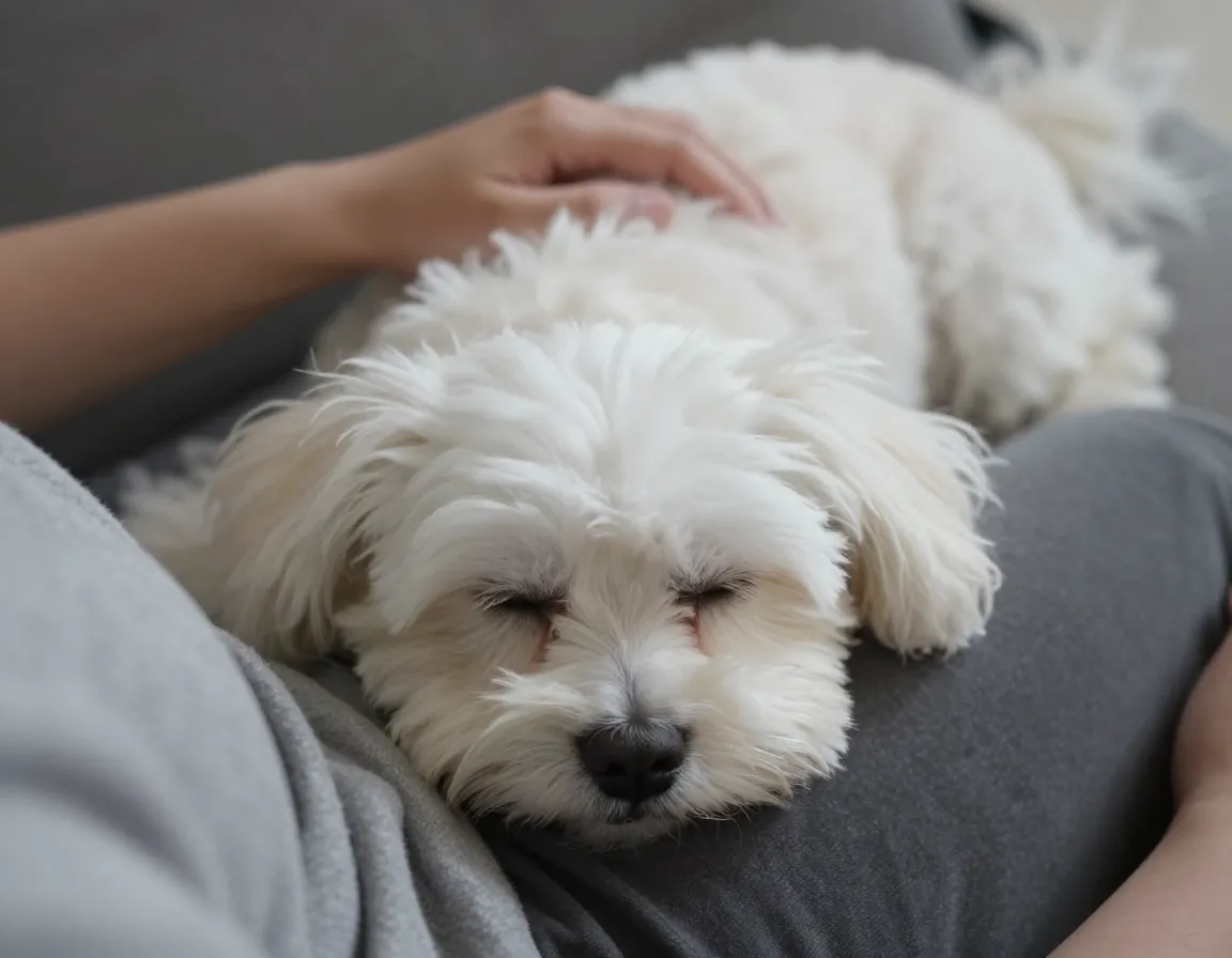 Maltese sleeping trustingly on owners lap pov