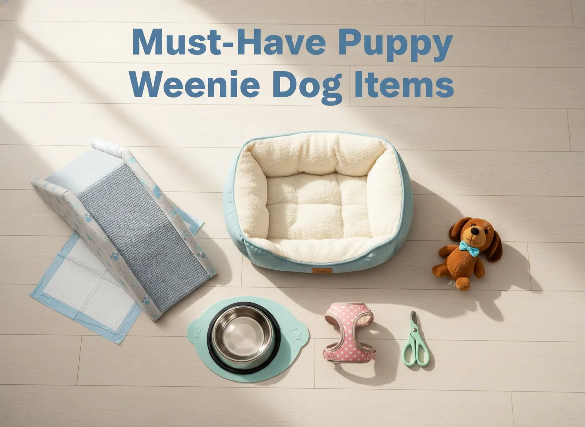 Ramp bed bowl harness pad toy clipper flat lay for new dachshund