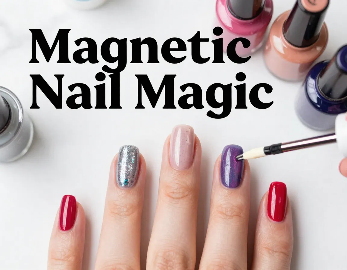 Seven magnetic cat eye nail designs flat lay closeup