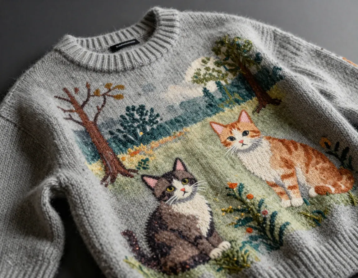 Artistic bucolic cats on premium jacquard knit luxury sweater