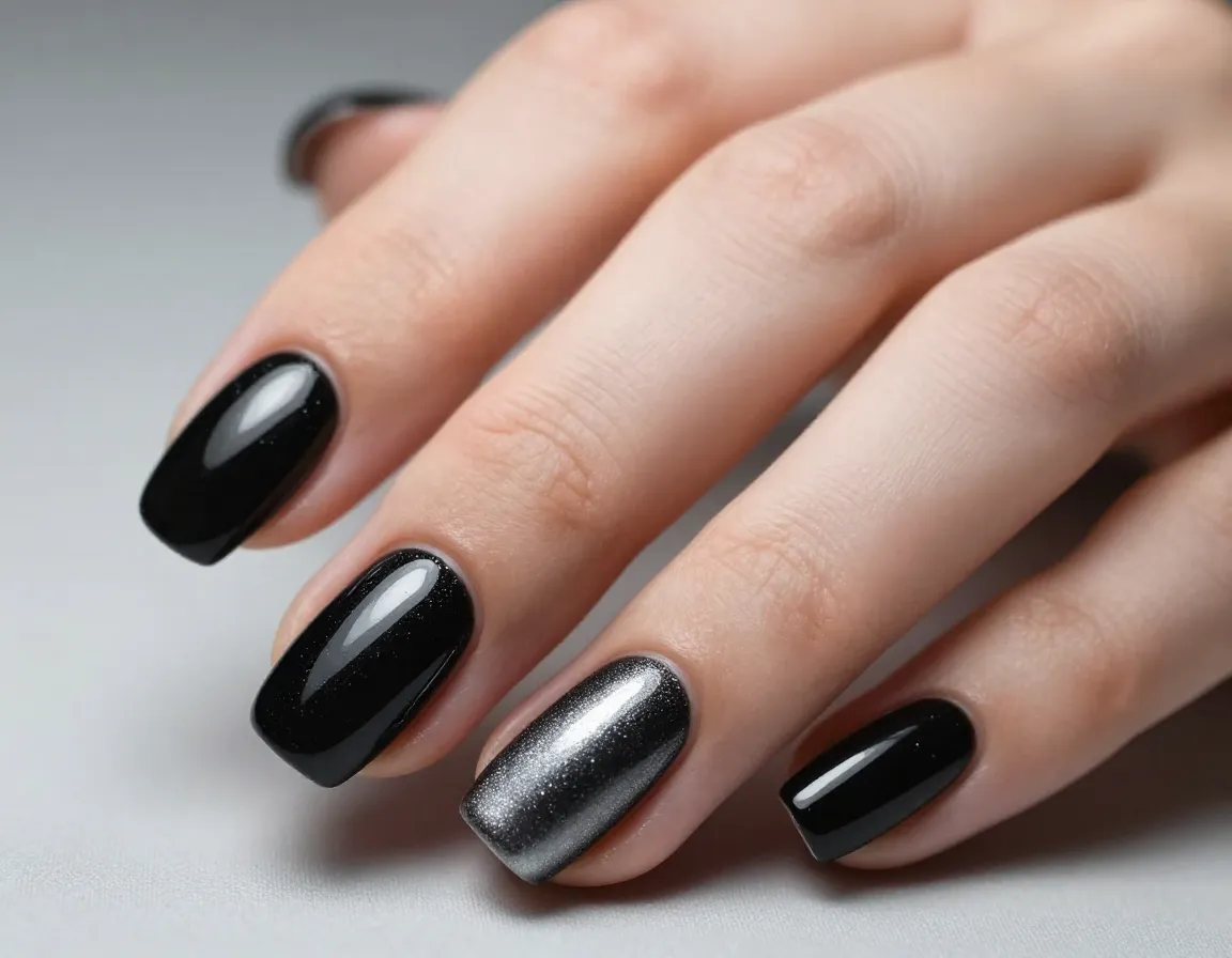 Classic black elegance sophisticated cat eye nail polish manicure design