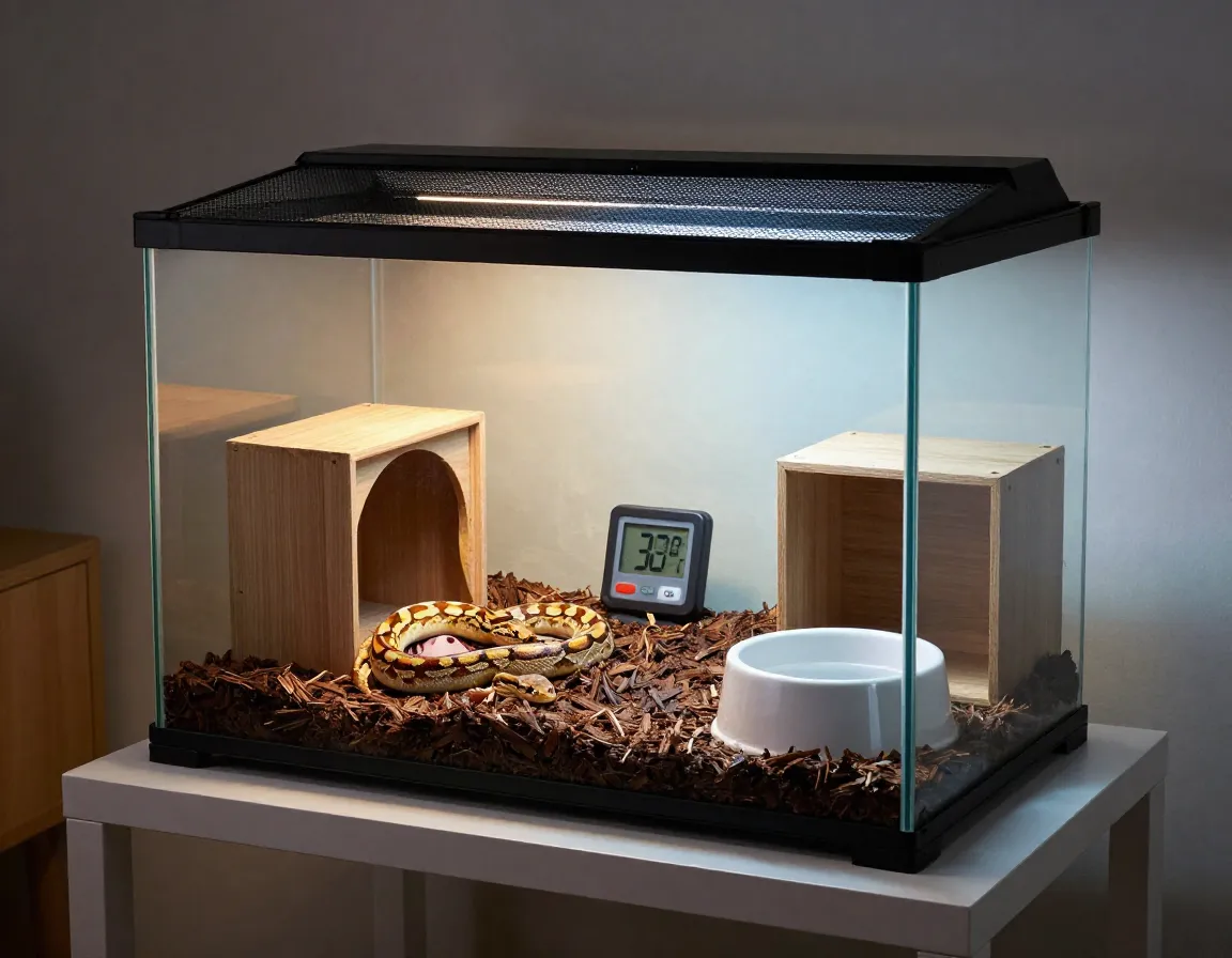Fully equipped 40 gallon glass terrarium habitat with hides and temperature zones