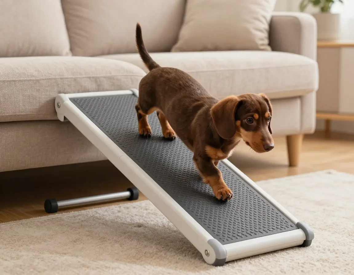 Miniature dachshund puppy walking up textured rubber dog ramp onto sofa