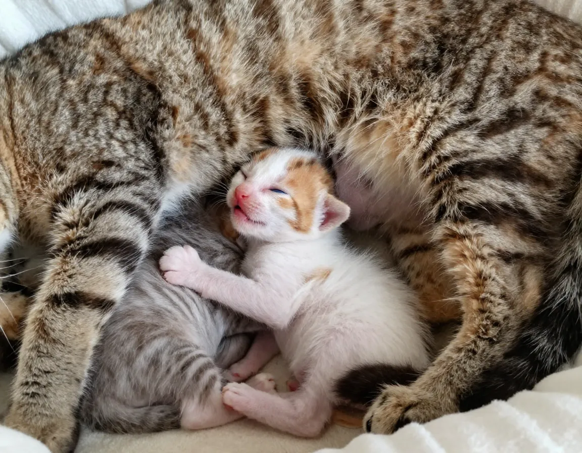 Newborn kitten nursing with mother cat in cozy nesting environment