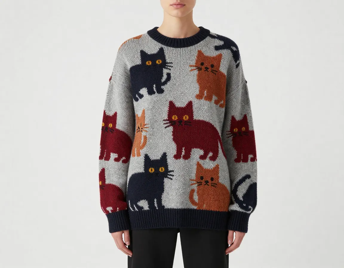 Bold intarsia cat motifs on oversized virgin wool luxury sweater