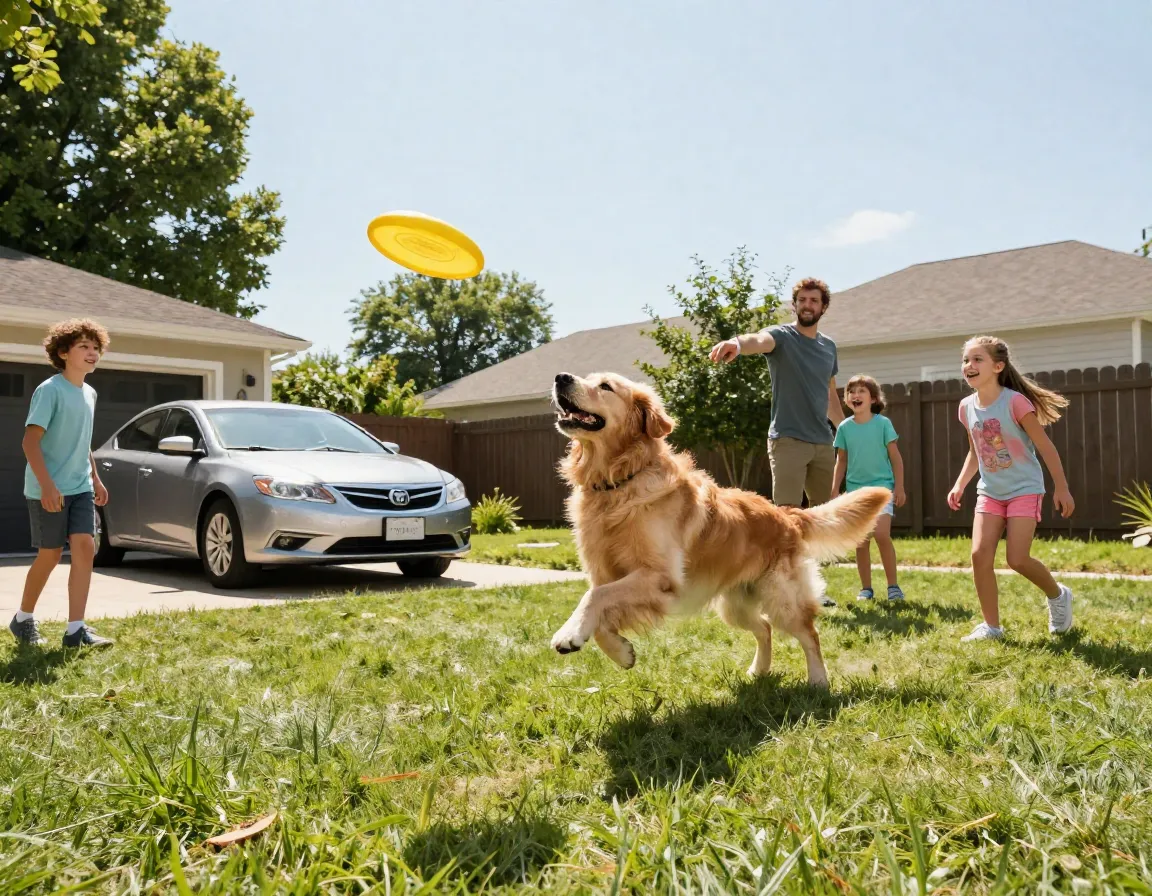 Golden retriever leaping to catch frisbee with kids in suburban backyard