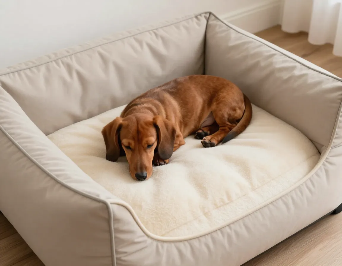 Red dachshund puppy curled on orthopedic memory foam bed with washable cover
