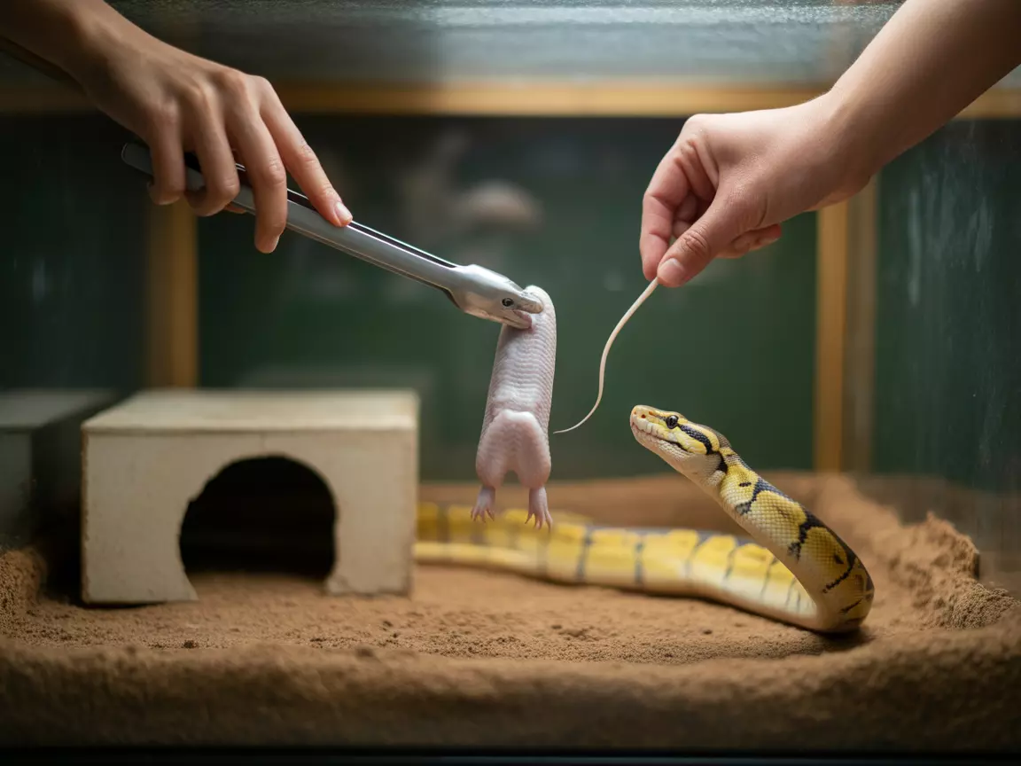 Using feeding tongs to offer a thawed rat to a ball python