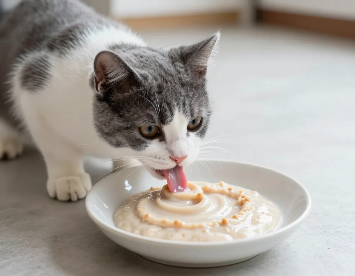 Four week old kitten lapping wet food gruel from shallow dish