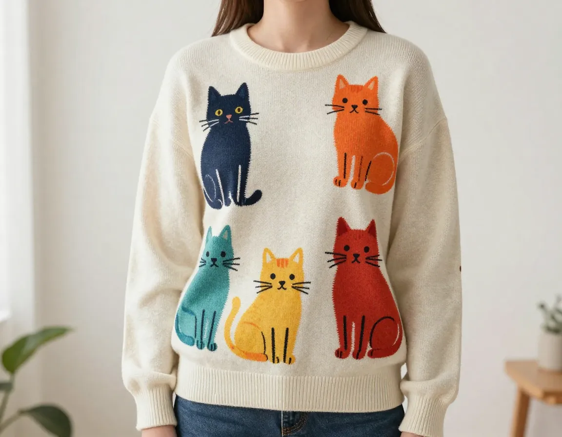 Playful screen printed cats on soft organic cotton sustainable sweater