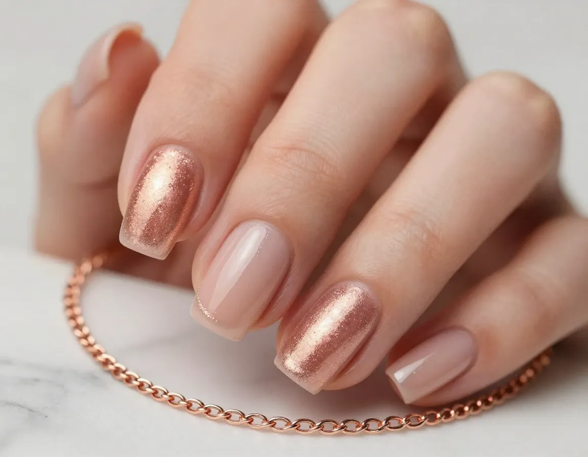 Rose gold romance warm metallic cat eye nail polish on nude base
