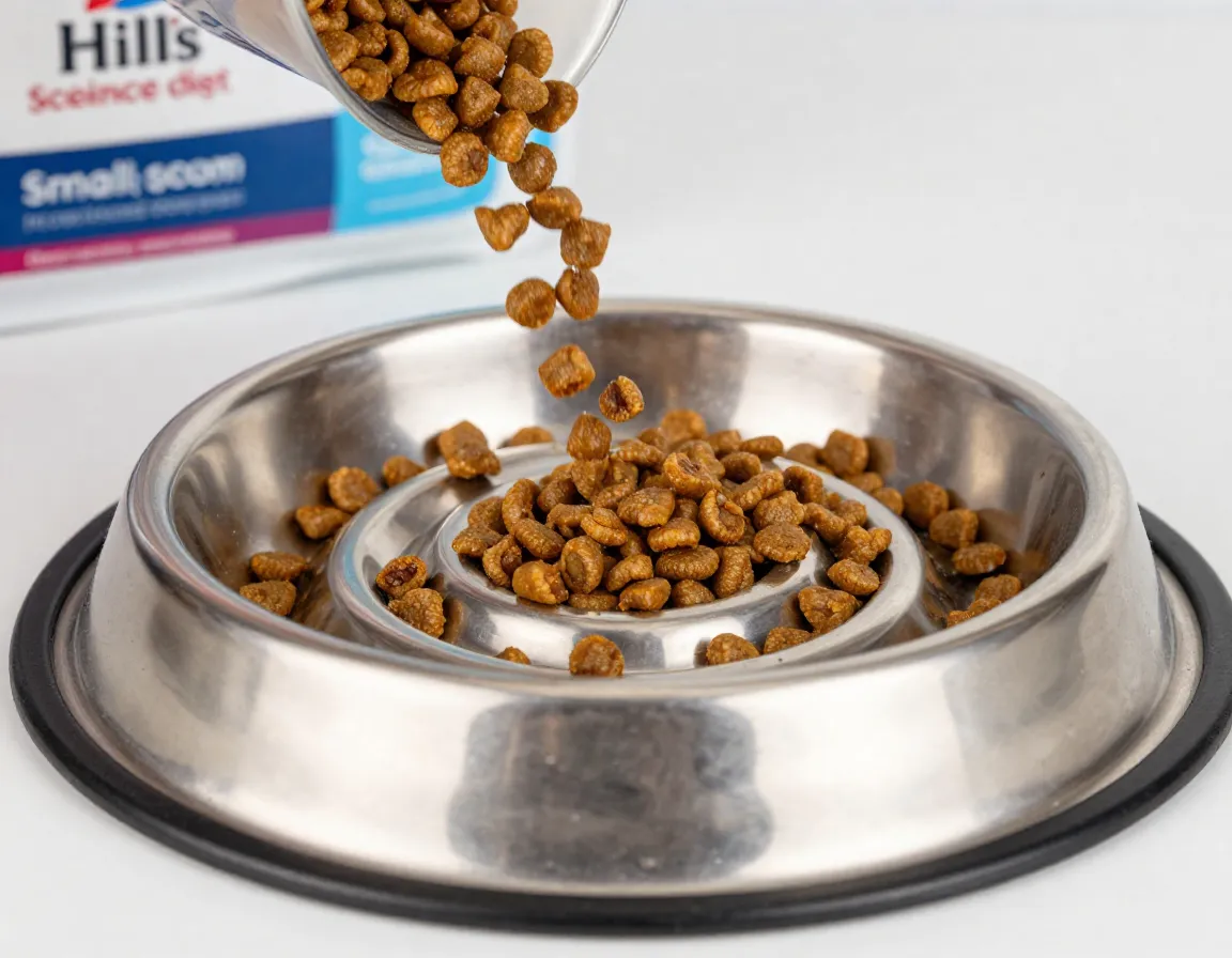 Small breed puppy kibble pouring into a stainless steel slow feeder bowl