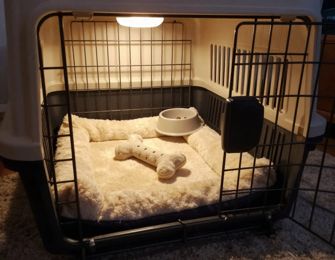 Cozy crate training with soft bedding and favorite toy inside