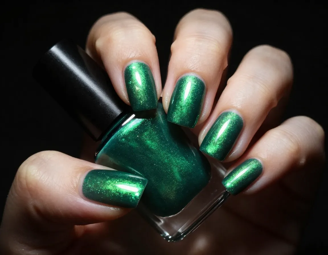 Emerald green glamour jewel toned cat eye nail polish dramatic effect