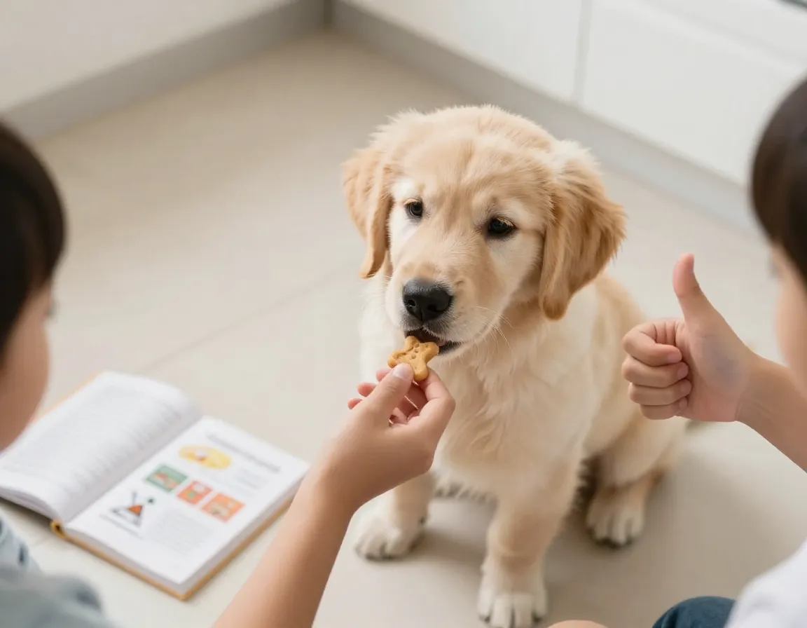 Golden retriever puppy training session with childrens hands and treat