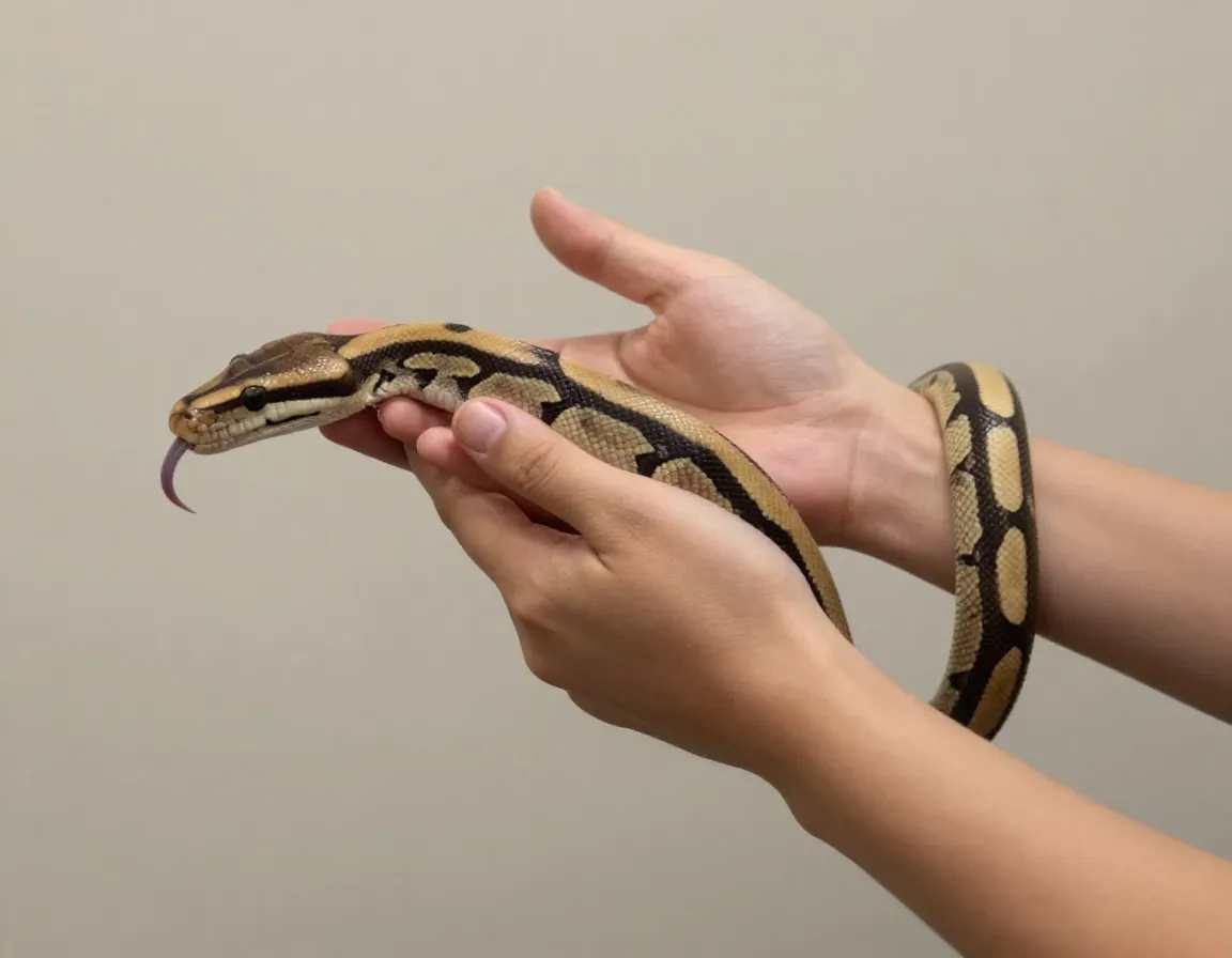 Hands gently supporting a ball pythons body during handling