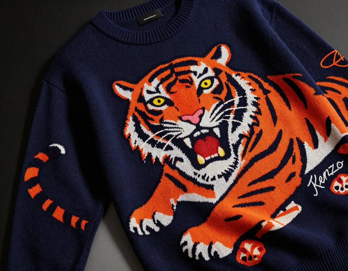 Signature tiger motif with cat features on bold cotton wool blend sweater