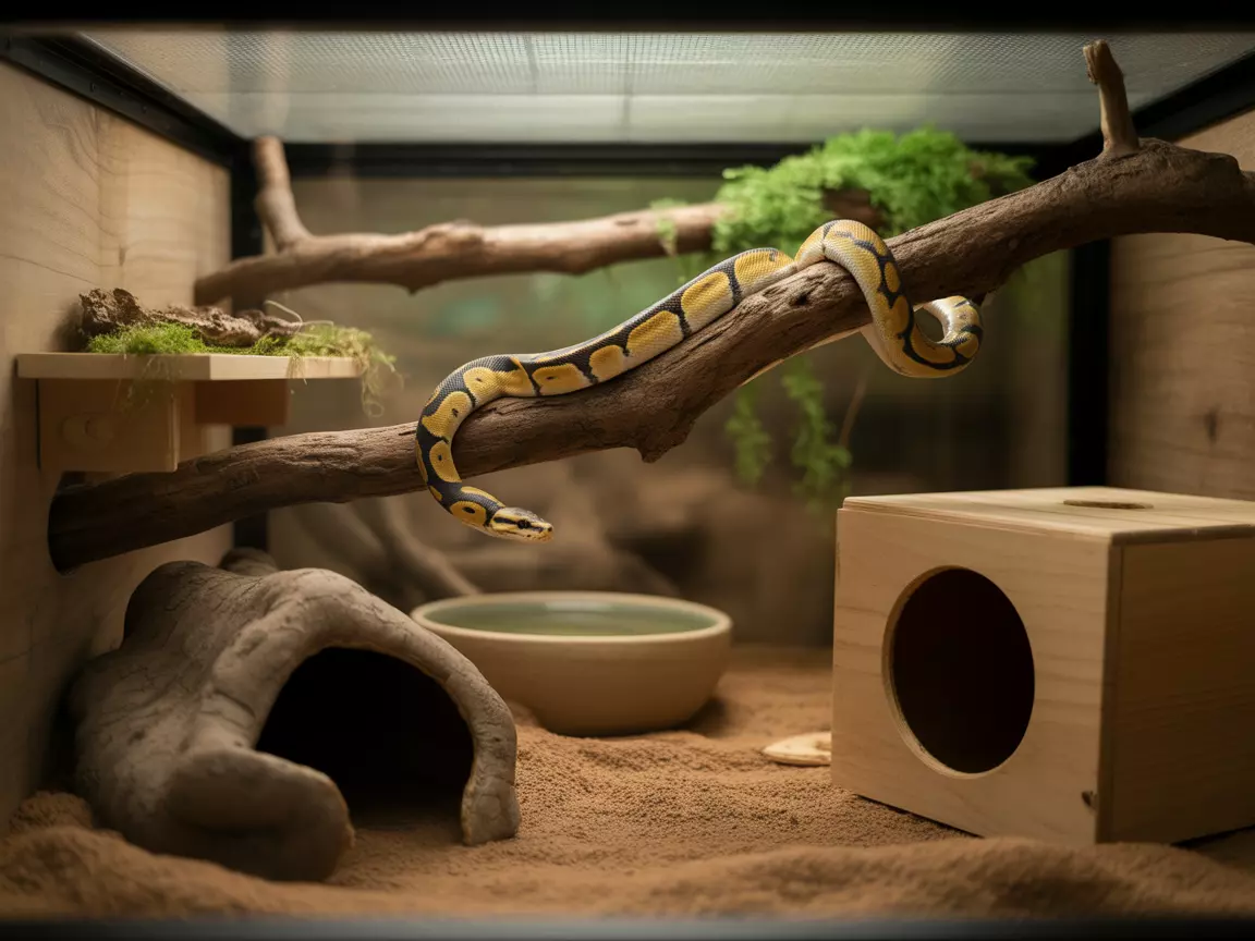 Ball python climbing on a branch in an enriched enclosure with hides