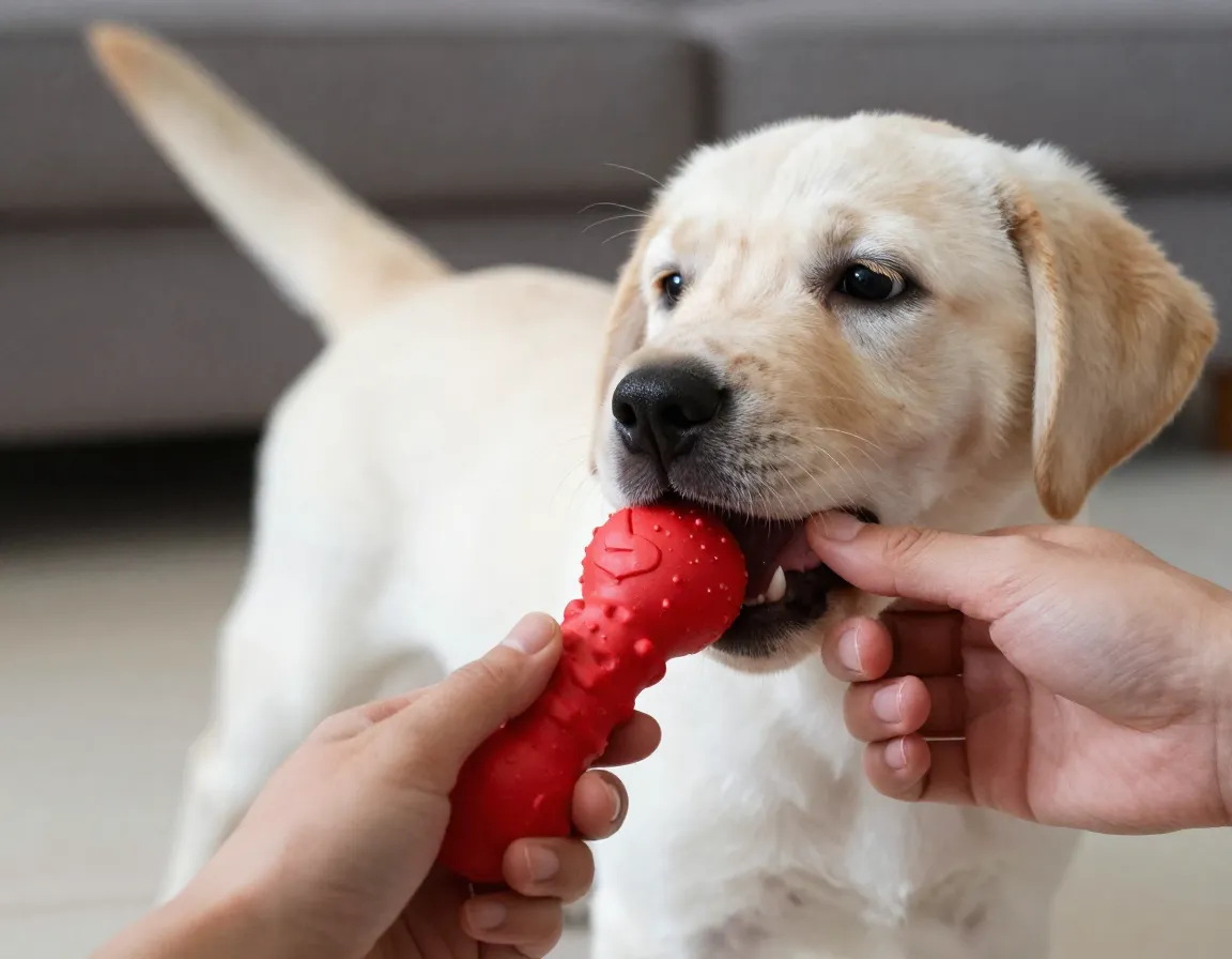 Bite inhibition training with gentle mouthing and chew toy