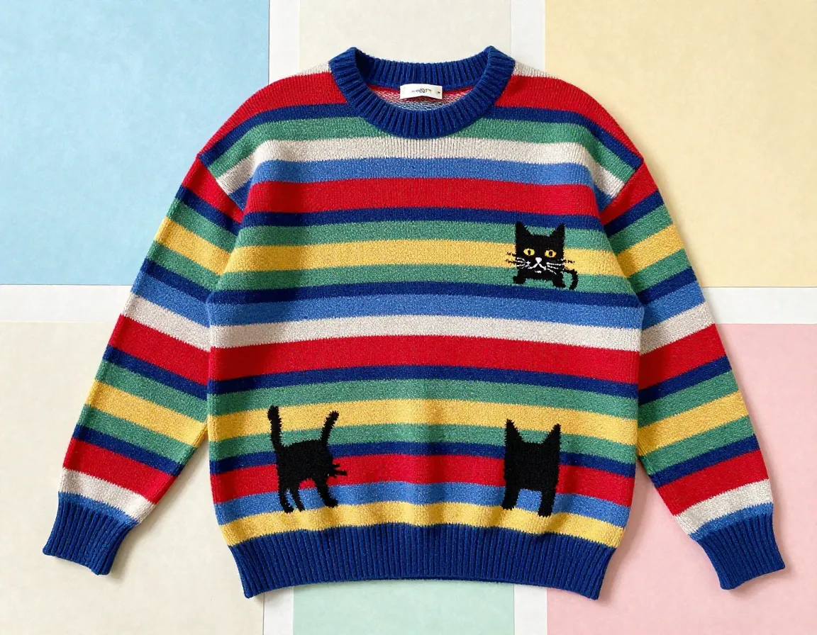 Retro y2k striped sweater with cat motif affordable fashion find